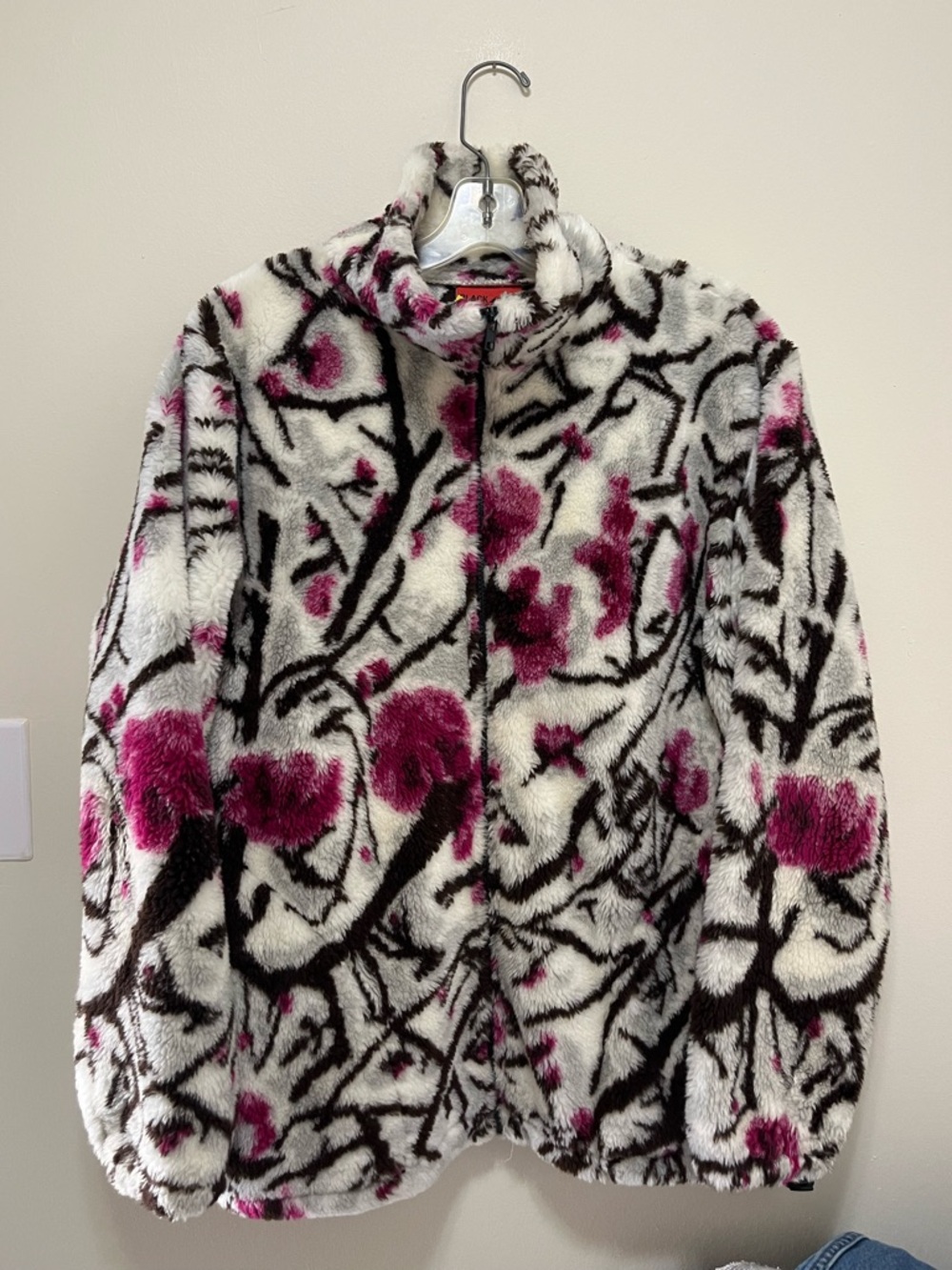 Vtg 90s Black Mountain Fleece Jacket - Floral Magenta AOP - Made in USA - Med